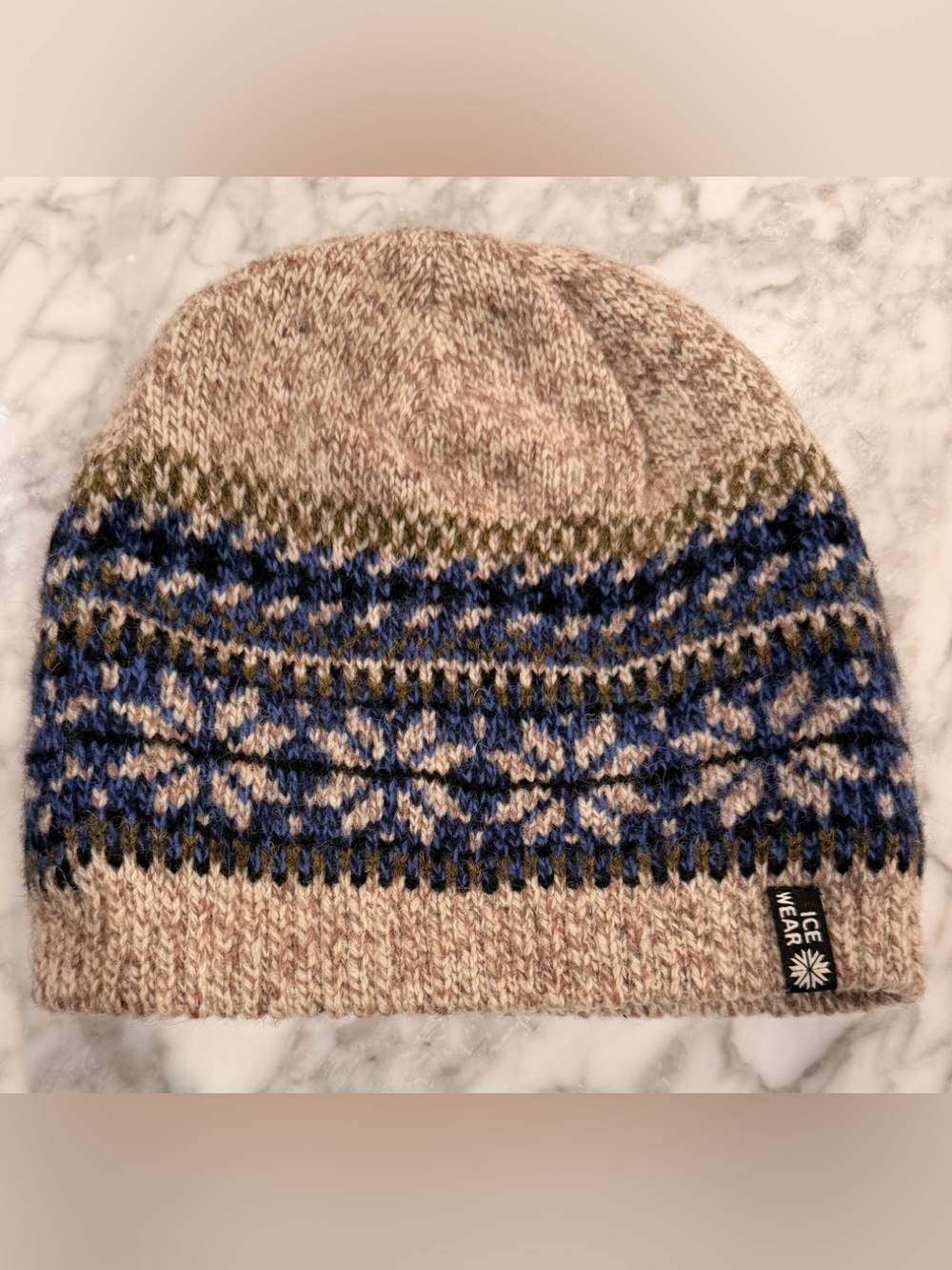 Ice Wear OS Men’s Beige and Blue Fair Isle Knit WOOL Sweater Hat beanie